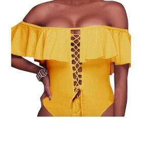 Women's Yellow Off Shoulder Ruffle One Piece Swimsuit Bodysuit Size XXL